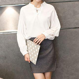 Long-sleeve Plain Tie-neck Blouse