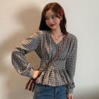 Long-sleeve Frill Trim Gingham Top Black - One Size