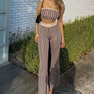 Set: Plaid Tube Top + High-waist Boot-cut Plaid Pants
