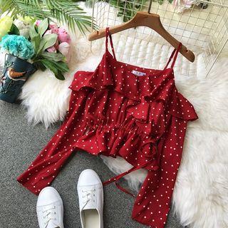 Dotted Ruffle Trim Off Shoulder Blouse