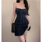 Strapless Lace-up A-line Denim Dress