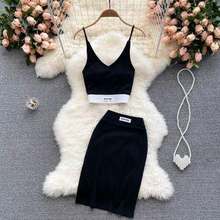 Set Of 2 : Color Block Suspender Top + High-waist Skirt
