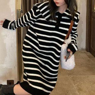 Polo-neck Striped Knit Mini Dress