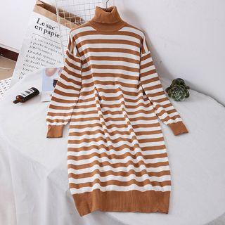 Turtleneck Long-sleeve Striped Knit Dress