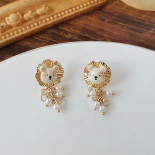 Bear Glaze Faux Pearl Alloy Dangle Earring 1 Pair - S925 Silver Needle - Earring - Gold & White - One Size
