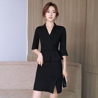 3/4-sleeve Mock Two-piece Mini Sheath Dress