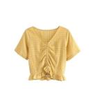 Short-sleeve Ruffle Trim Plaid Top