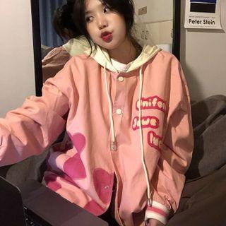 Heart Print Lettering Hooded Jacket