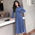 Long-sleeve Tie-neck Midi A-line Pleated Dress