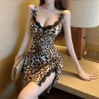 V-neck Leopard Print Lace Slit Sleeveless Dress