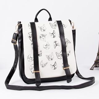 Cat Print Faux Leather Backpack