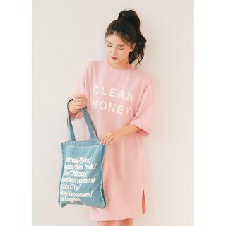 Elbow-sleeve Lettering Midi Pullover Dress
