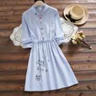 Flower Embroidered Pinstriped Collared Long Sleeve Dress