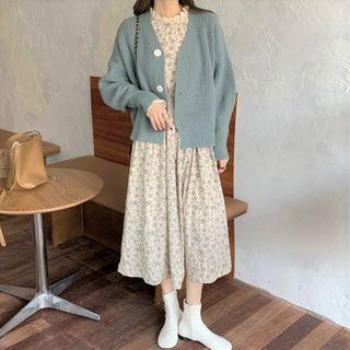 Long-sleeve Floral Print Midi A-line Dress / V-neck Cardigan