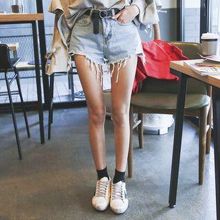 Distressed Washed Denim Shorts With Belt