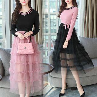 Long Sleeve Knit Panel Frilled Trim Mesh A-line Dress