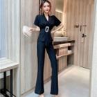 Set: Short-sleeve Tie-waist Blouse + Boot-cut Pants