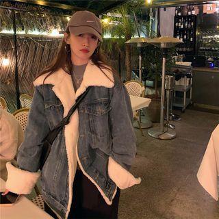 Fleece Lined Denim Jacket Grayish Black - One Size