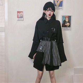 Long-sleeve Button-down Long Shirt / Asymmetric Plaid Mini Skirt