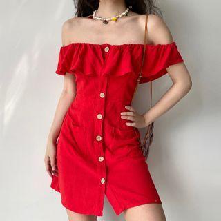 Off-shoulder Ruffle Trim Single-breasted Dress