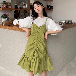 Puff-sleeve Crew Neck Blouse/ A-line Pinafore Dress Set
