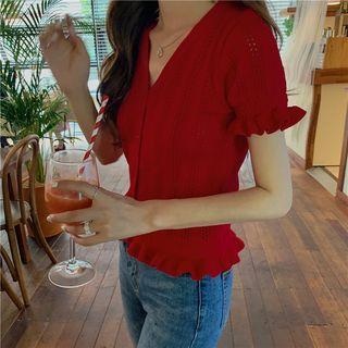 Short-sleeve Frill Trim Buttoned Knit Top