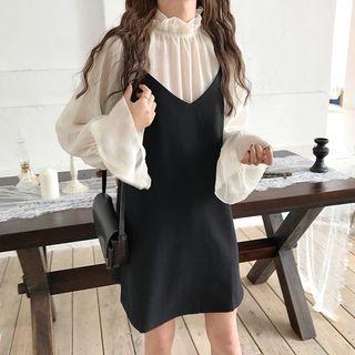 Frill Collar Chiffon Blouse / Spaghetti Strap Pinafore Dress