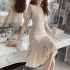 Short-sleeve Ruffle Hem Lace Dress