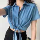 Short-sleeve Polo Collar Cropped Lace-up Denim Top