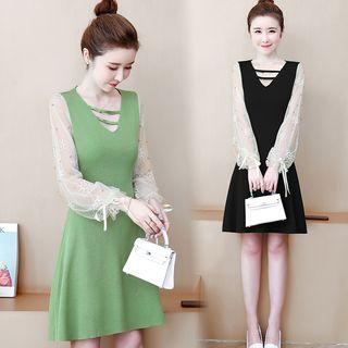 Long-sleeve Paneled A-line Mini Knit Dress