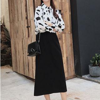 Set: Patterned Print Shirt + Midi A-line Skirt