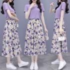 Set: Short Sleeve Plain Top + Floral Chiffon A-line Skirt