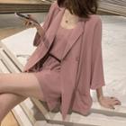 Set: 3/4-sleeve Double-breasted Blazer + Camisole Top + Shorts