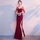 Elbow-sleeve Paneled Maxi Evening Gown