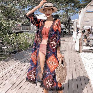 Printed 3/4-sleeve Open Front Long Light Jacket