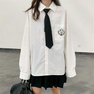 Long-sleeve Embroidered Shirt + Tie White - One Size