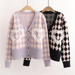 Mesh Trim Argyle Cardigan
