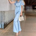 Short-sleeve V-neck Blouse / Wide-leg Pants / Set