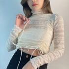 Long Sleeve High Neck Drawstring Lace Top