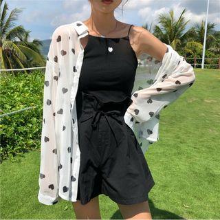 Heart Print Long-sleeve Loose-fit Shirt / Camisole Top