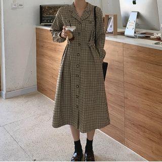 Long Sleeve Plain Buttoned One Piece Dress