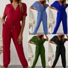 V-neck Short-sleeve Cropped Jumpsuit