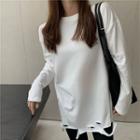 Long-sleeve Ripped T-shirt Fleece Lining - White - One Size