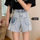 High-waist Fray Hem Denim Wide-leg Shorts