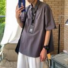 Elbow-sleeve Zip Neck Polo Shirt