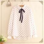 Long-sleeve Bow Accent Dotted Blouse