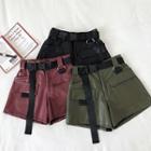 Plain High-waist Faux Leather High-waist Cargo Shorts With Belt