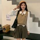 Plain Shirt / V-neck Sweater Vest / Plaid Pleated Mini A-line Skirt