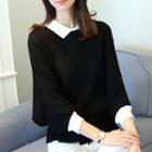 Contrast Collar 3/4-sleeve Knit Top