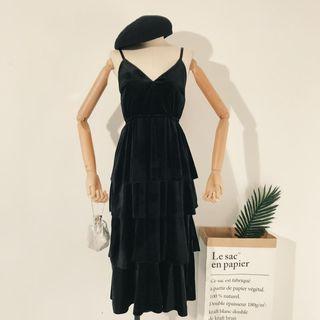 Spaghetti Strap Velvet Midi Tiered Dress
